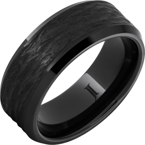 Black Diamond Ceramic™ Ring with Hand Carved Bark Engraving