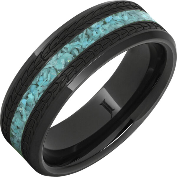 Black Diamond Ceramic ™Turquoise Ring with Eagle Feather Engraving