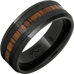 Black Diamond Ceramic™ Ring with Vintage Hickory Baseball Bat Wood Inlay and Grain Finish