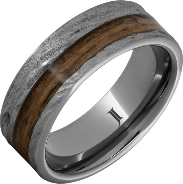 Barrel Aged™ Rugged Tungsten™ Ring with Bourbon Wood Inlay and Bark Finish