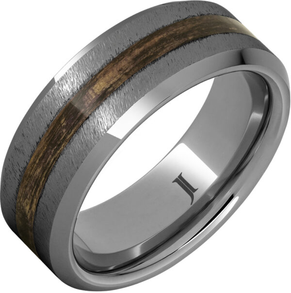 Barrel Aged™ Rugged Tungsten™ Ring with Bourbon Wood Inlay and Grain Finish