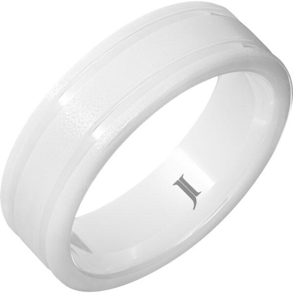 White Ceramic Grooved Ring with Stone Finish